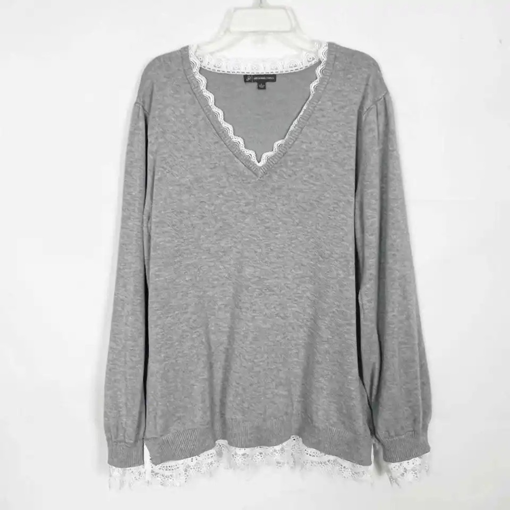 Adrianna Papell Gray V-Neck Sweater with White Lace Trim